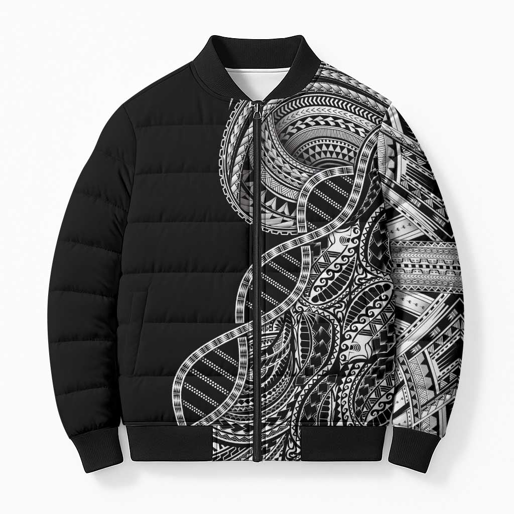 Samoan DNA Art Tattoo Bomber Puffer Jacket Polynesian Pattern Black Color