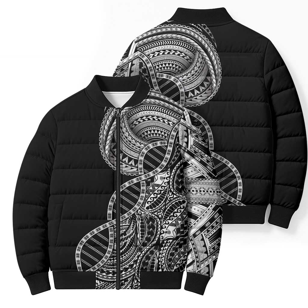 Samoan DNA Art Tattoo Bomber Puffer Jacket Polynesian Pattern Black Color