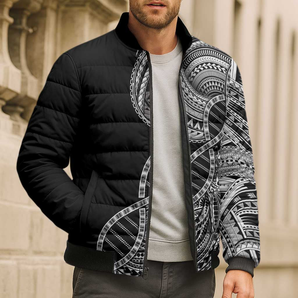 Samoan DNA Art Tattoo Bomber Puffer Jacket Polynesian Pattern Black Color
