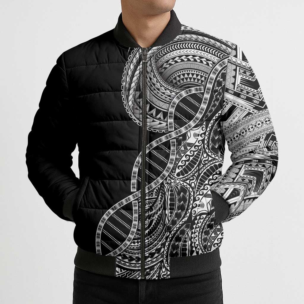 Samoan DNA Art Tattoo Bomber Puffer Jacket Polynesian Pattern Black Color