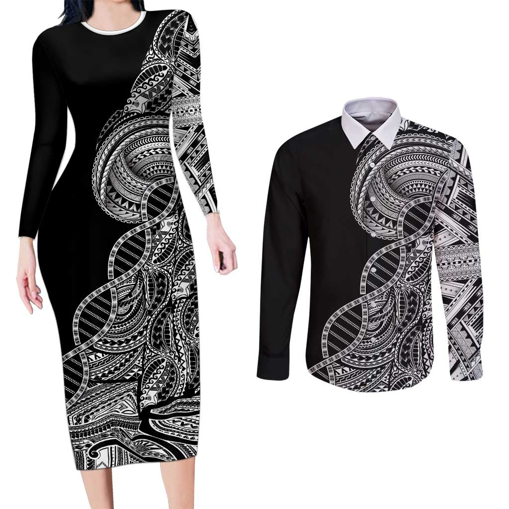 Samoan DNA Art Tattoo Couples Matching Long Sleeve Bodycon Dress and Long Sleeve Button Shirt Polynesian Pattern Black Color LT03 Black - Polynesian Pride