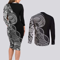 Samoan DNA Art Tattoo Couples Matching Long Sleeve Bodycon Dress and Long Sleeve Button Shirt Polynesian Pattern Black Color LT03 - Polynesian Pride