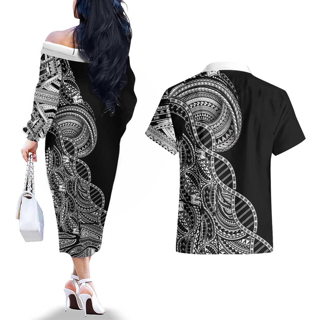 Samoan DNA Art Tattoo Couples Matching Off The Shoulder Long Sleeve Dress and Hawaiian Shirt Polynesian Pattern Black Color LT03 - Polynesian Pride
