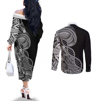 Samoan DNA Art Tattoo Couples Matching Off The Shoulder Long Sleeve Dress and Long Sleeve Button Shirt Polynesian Pattern Black Color LT03 - Polynesian Pride