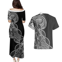 Samoan DNA Art Tattoo Couples Matching Puletasi and Hawaiian Shirt Polynesian Pattern Black Color