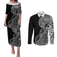 Samoan DNA Art Tattoo Couples Matching Puletasi and Long Sleeve Button Shirt Polynesian Pattern Black Color LT03 Black - Polynesian Pride