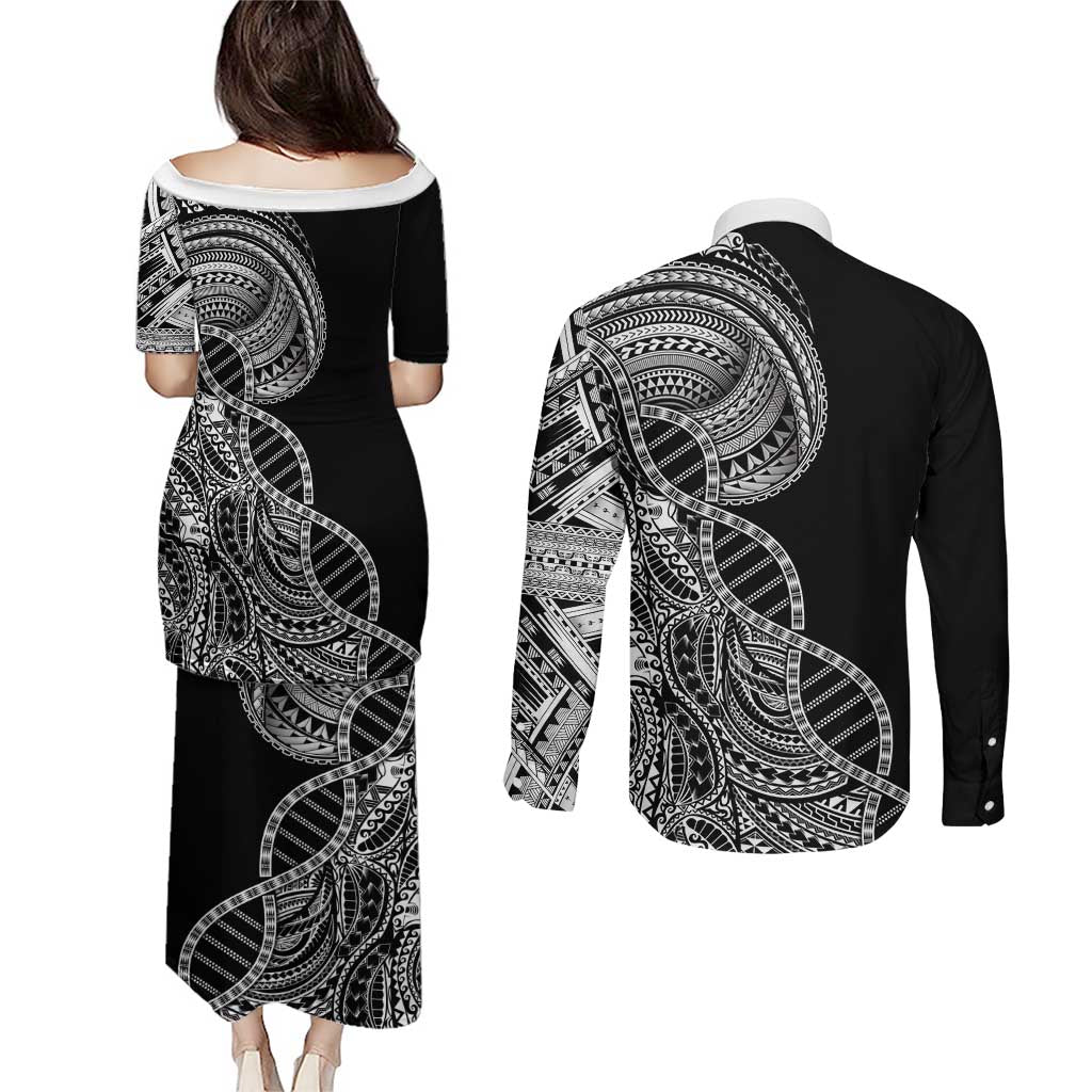 Samoan DNA Art Tattoo Couples Matching Puletasi and Long Sleeve Button Shirt Polynesian Pattern Black Color LT03 - Polynesian Pride
