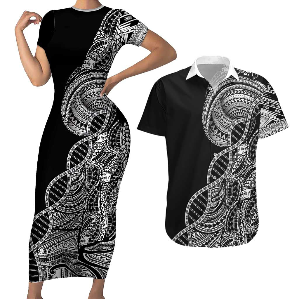 Samoan DNA Art Tattoo Couples Matching Short Sleeve Bodycon Dress and Hawaiian Shirt Polynesian Pattern Black Color LT03 Black - Polynesian Pride