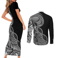 Samoan DNA Art Tattoo Couples Matching Short Sleeve Bodycon Dress and Long Sleeve Button Shirt Polynesian Pattern Black Color LT03 - Polynesian Pride