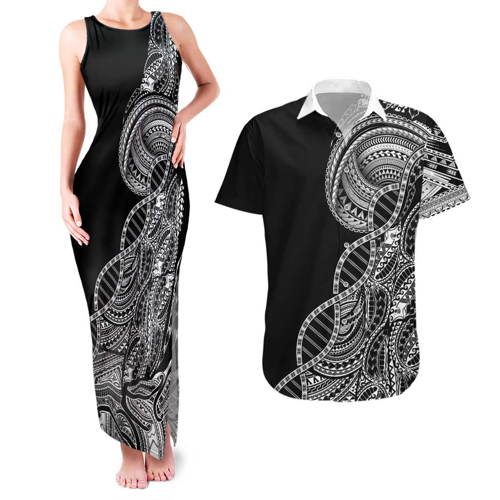 Samoan DNA Art Tattoo Couples Matching Tank Maxi Dress and Hawaiian Shirt Polynesian Pattern Black Color LT03 Black - Polynesian Pride