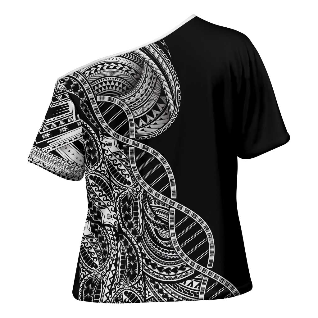 Samoan DNA Art Tattoo Cross Shoulder Shirt Polynesian Pattern Black Color