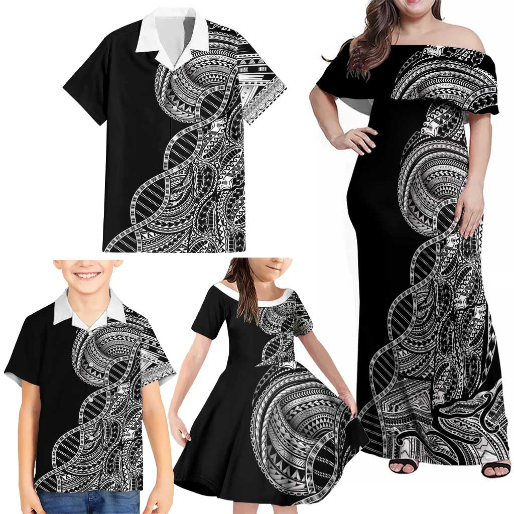 Samoan DNA Art Tattoo Family Matching Off Shoulder Maxi Dress and Hawaiian Shirt Polynesian Pattern Black Color LT03 - Polynesian Pride