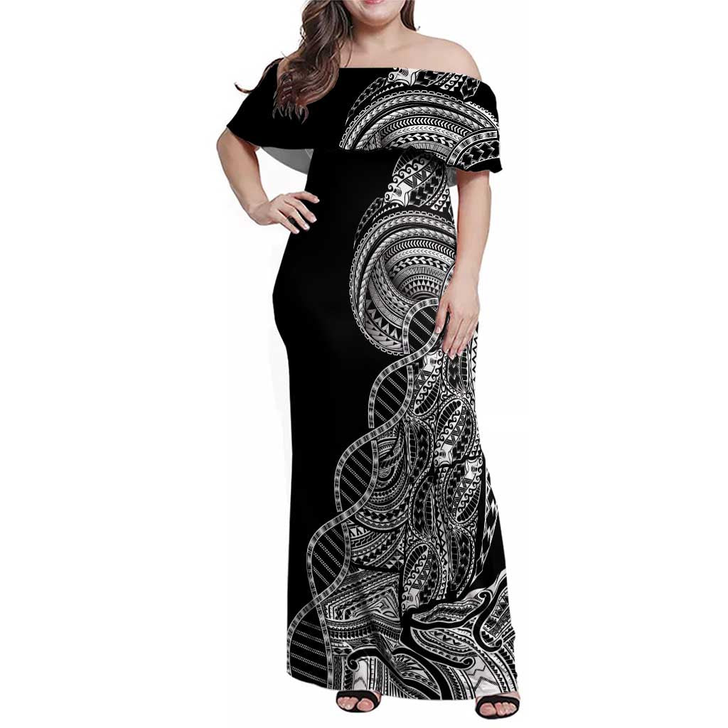 Samoan DNA Art Tattoo Family Matching Off Shoulder Maxi Dress and Hawaiian Shirt Polynesian Pattern Black Color LT03 Mom's Dress Black - Polynesian Pride