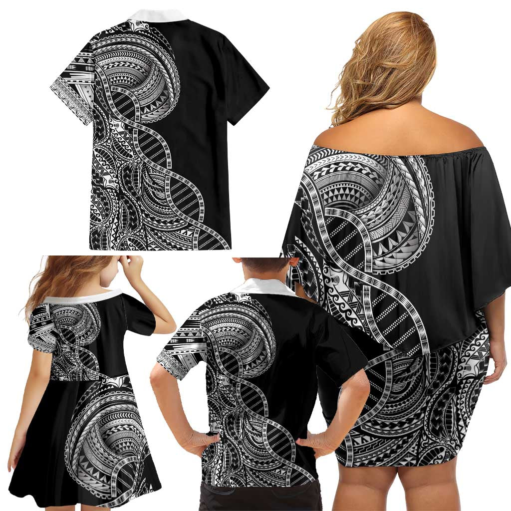 Samoan DNA Art Tattoo Family Matching Off Shoulder Short Dress and Hawaiian Shirt Polynesian Pattern Black Color LT03 - Polynesian Pride