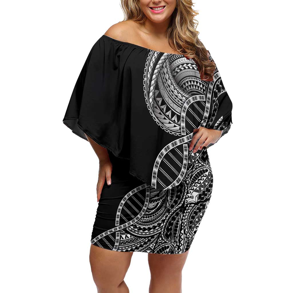 Samoan DNA Art Tattoo Family Matching Off Shoulder Short Dress and Hawaiian Shirt Polynesian Pattern Black Color LT03 Mom's Dress Black - Polynesian Pride