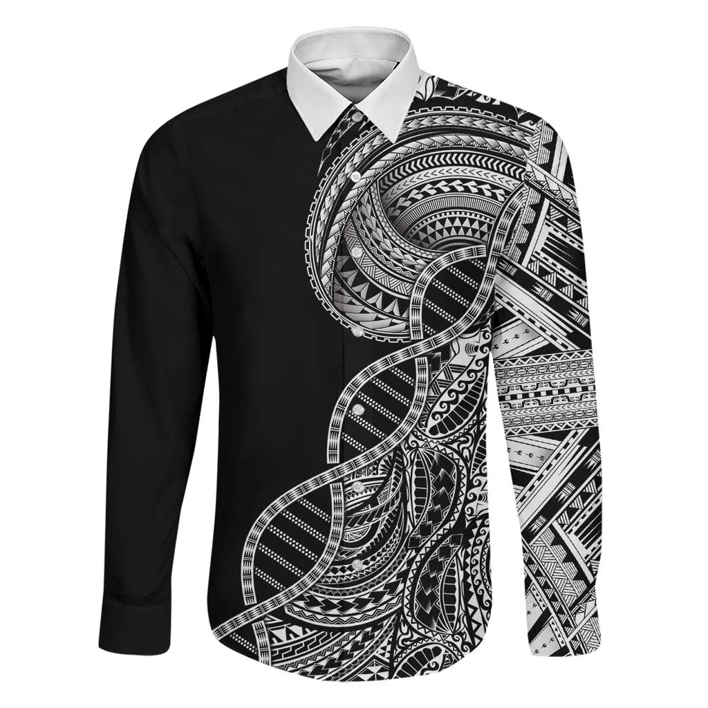 Samoan DNA Art Tattoo Family Matching Puletasi and Hawaiian Shirt Polynesian Pattern Black Color LT03 Dad's Shirt - Long Sleeve Black - Polynesian Pride