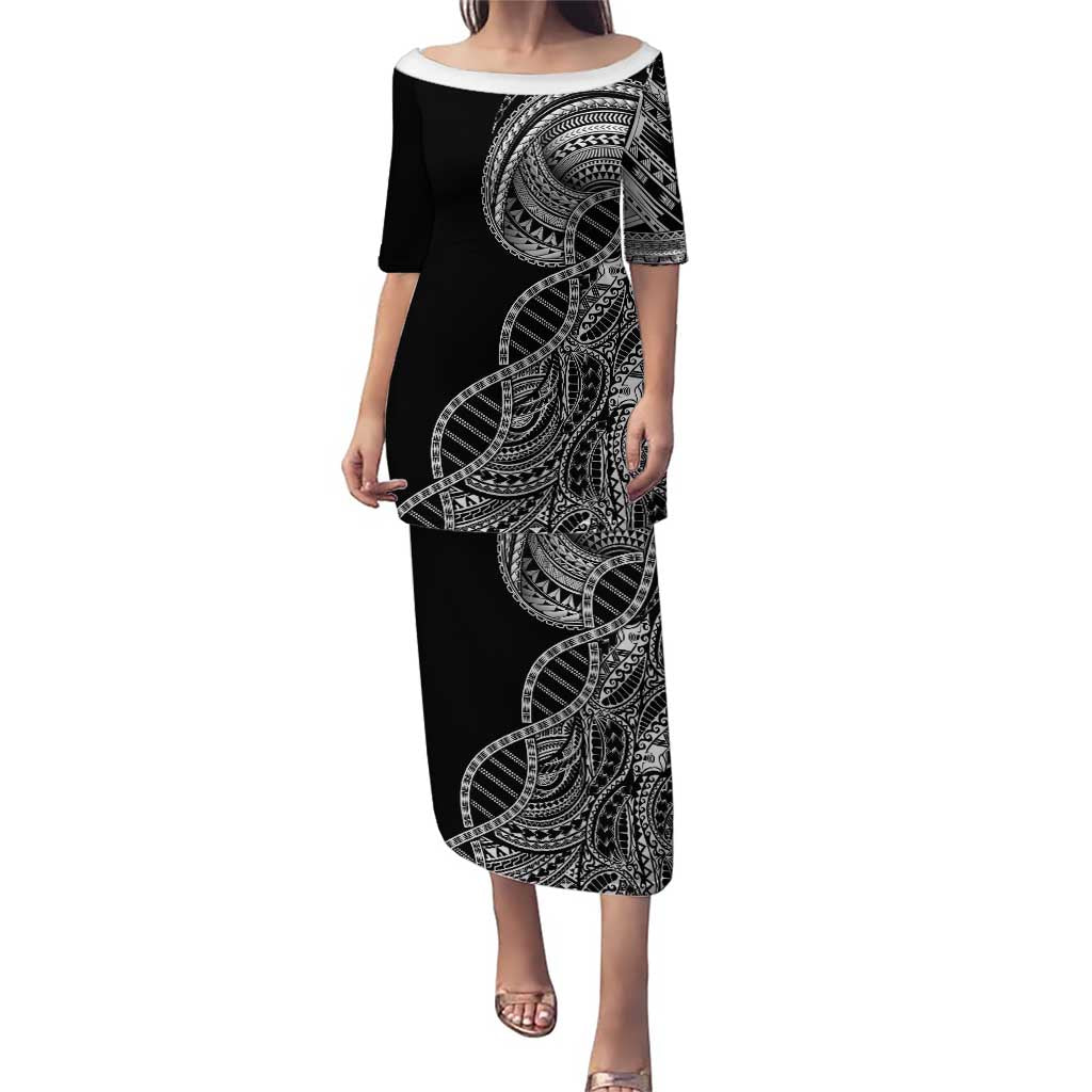 Samoan DNA Art Tattoo Family Matching Puletasi and Hawaiian Shirt Polynesian Pattern Black Color LT03 Mom's Dress Black - Polynesian Pride
