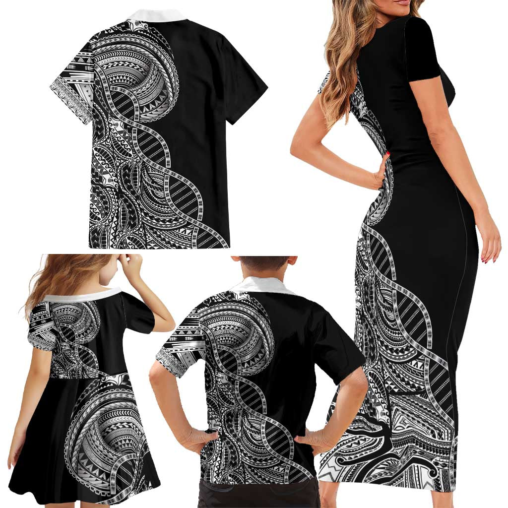 Samoan DNA Art Tattoo Family Matching Short Sleeve Bodycon Dress and Hawaiian Shirt Polynesian Pattern Black Color