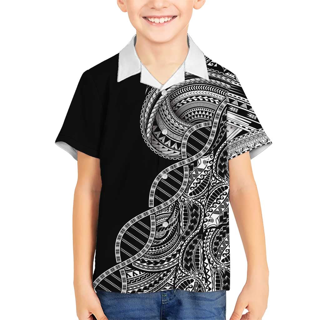 Samoan DNA Art Tattoo Family Matching Short Sleeve Bodycon Dress and Hawaiian Shirt Polynesian Pattern Black Color