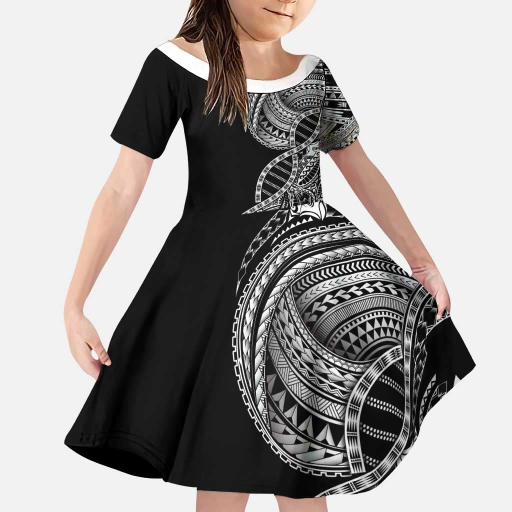 Samoan DNA Art Tattoo Family Matching Summer Maxi Dress and Hawaiian Shirt Polynesian Pattern Black Color LT03 Daughter's Dress Black - Polynesian Pride