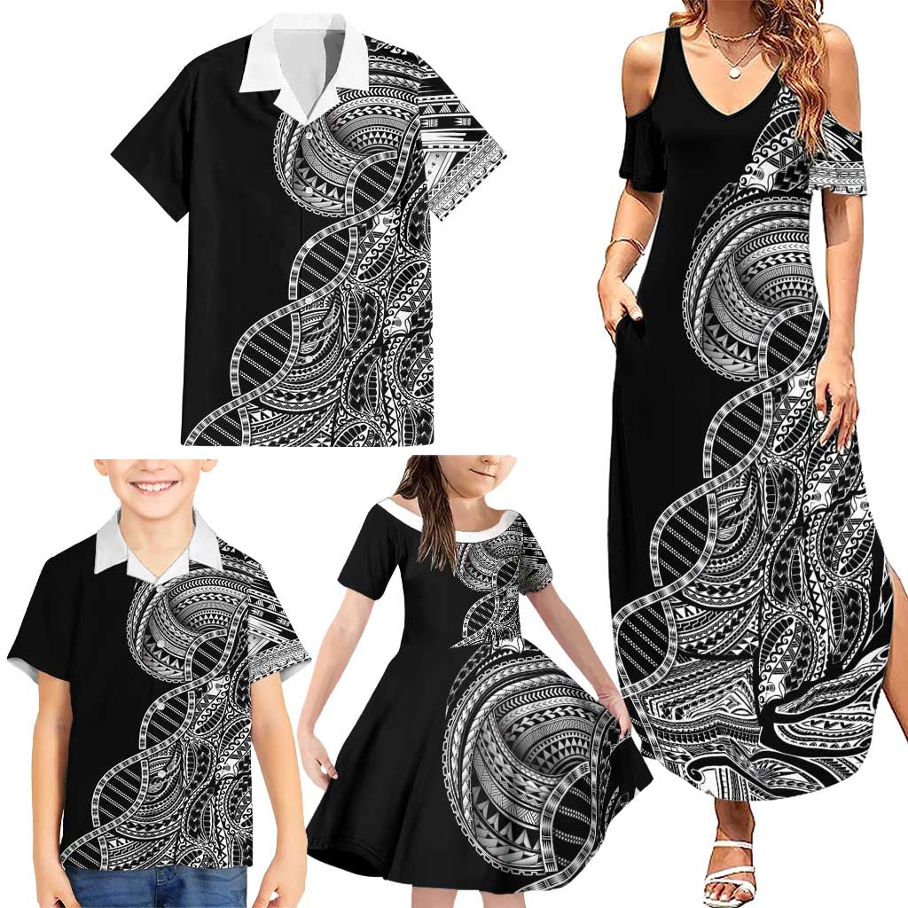 Samoan DNA Art Tattoo Family Matching Summer Maxi Dress and Hawaiian Shirt Polynesian Pattern Black Color