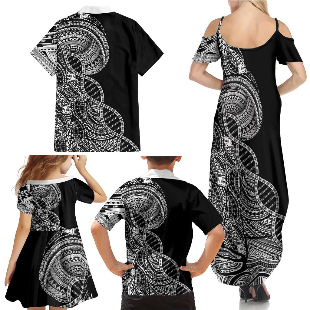 Samoan DNA Art Tattoo Family Matching Summer Maxi Dress and Hawaiian Shirt Polynesian Pattern Black Color LT03 - Polynesian Pride