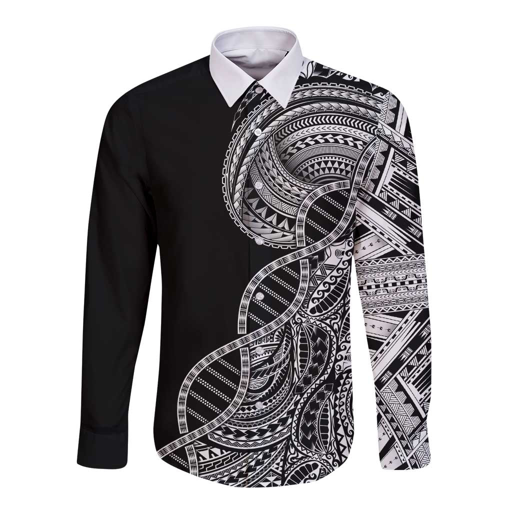 Samoan DNA Art Tattoo Long Sleeve Button Shirt Polynesian Pattern Black Color