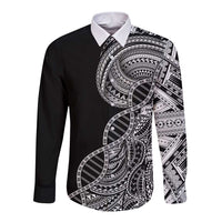 Samoan DNA Art Tattoo Long Sleeve Button Shirt Polynesian Pattern Black Color