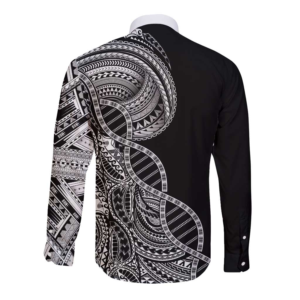 Samoan DNA Art Tattoo Long Sleeve Button Shirt Polynesian Pattern Black Color