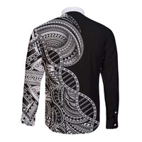 Samoan DNA Art Tattoo Long Sleeve Button Shirt Polynesian Pattern Black Color