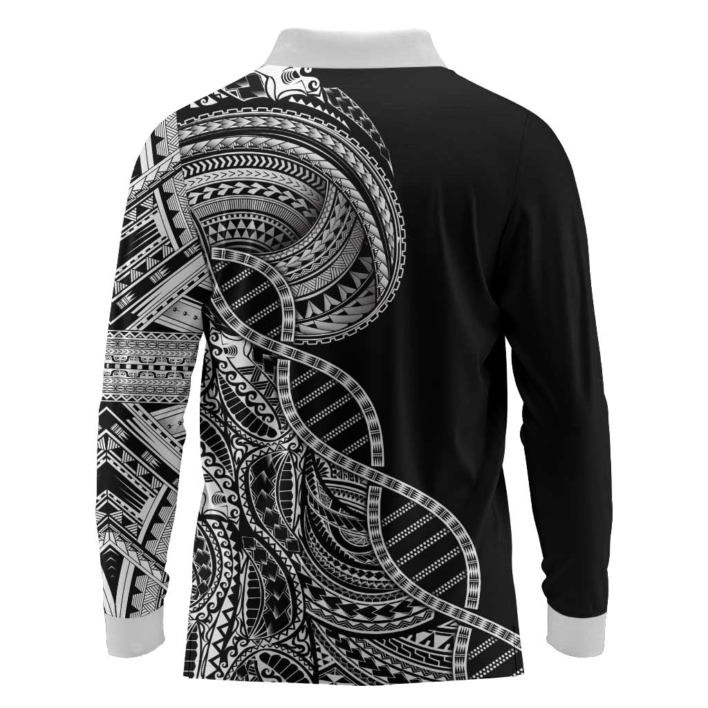 Samoan DNA Art Tattoo Long Sleeve Polo Shirt Polynesian Pattern Black Color