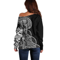 Samoan DNA Art Tattoo Off Shoulder Sweater Polynesian Pattern Black Color