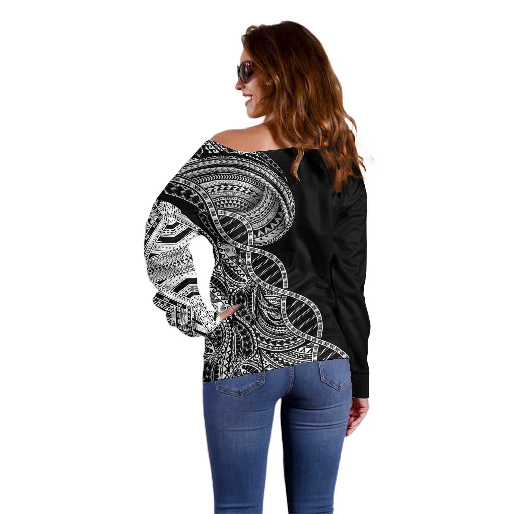 Samoan DNA Art Tattoo Off Shoulder Sweater Polynesian Pattern Black Color