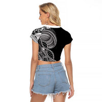 Samoan DNA Art Tattoo Raglan Cropped T Shirt Polynesian Pattern Black Color