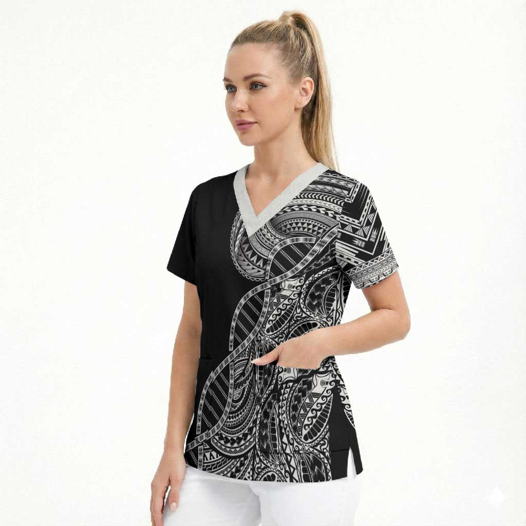 Samoan DNA Art Tattoo Scrub Top Polynesian Pattern Black Color