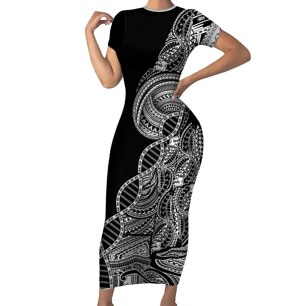 Samoan DNA Art Tattoo Short Sleeve Bodycon Dress Polynesian Pattern Black Color