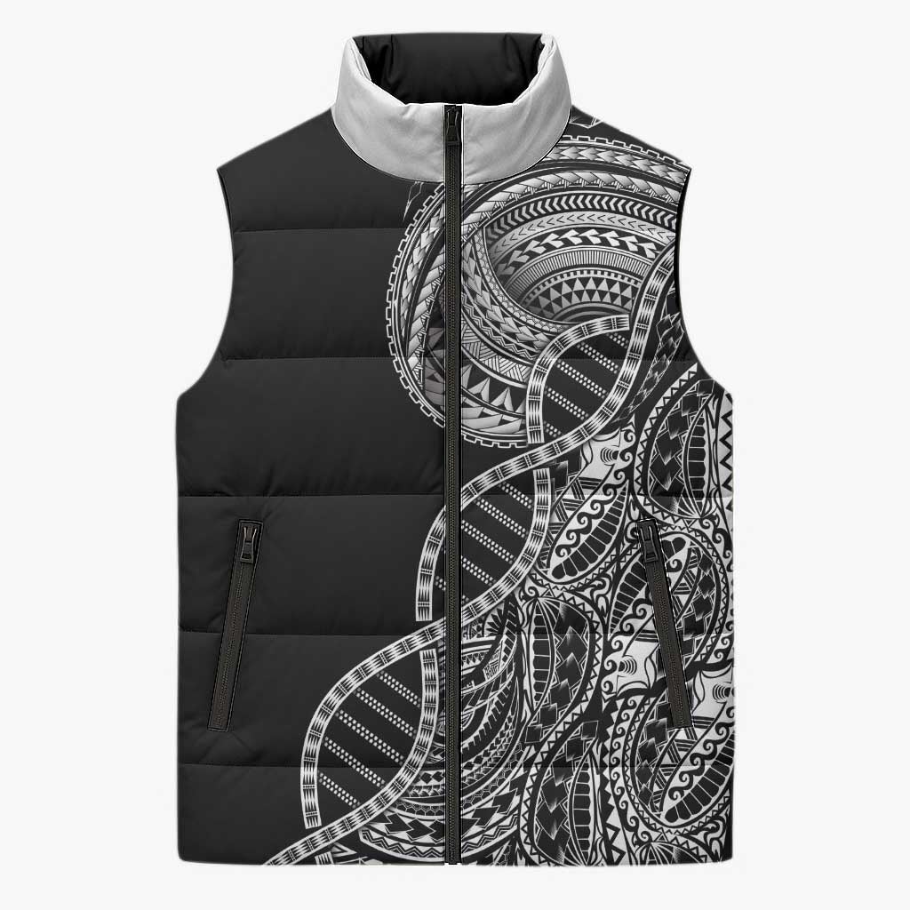 Samoan DNA Art Tattoo Sleeveless Puffer Jacket Polynesian Pattern Black Color