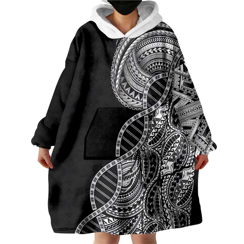 Samoan DNA Art Tattoo Wearable Blanket Hoodie Polynesian Pattern Black Color