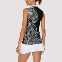 Samoan DNA Art Tattoo Women Sleeveless Polo Shirt Polynesian Pattern Black Color