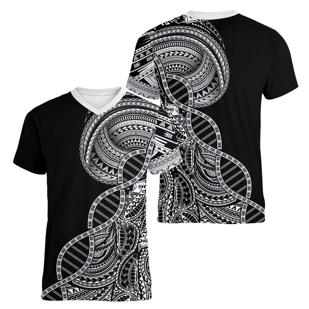 Samoan DNA Art Tattoo Women V-Neck T-Shirt Polynesian Pattern Black Color