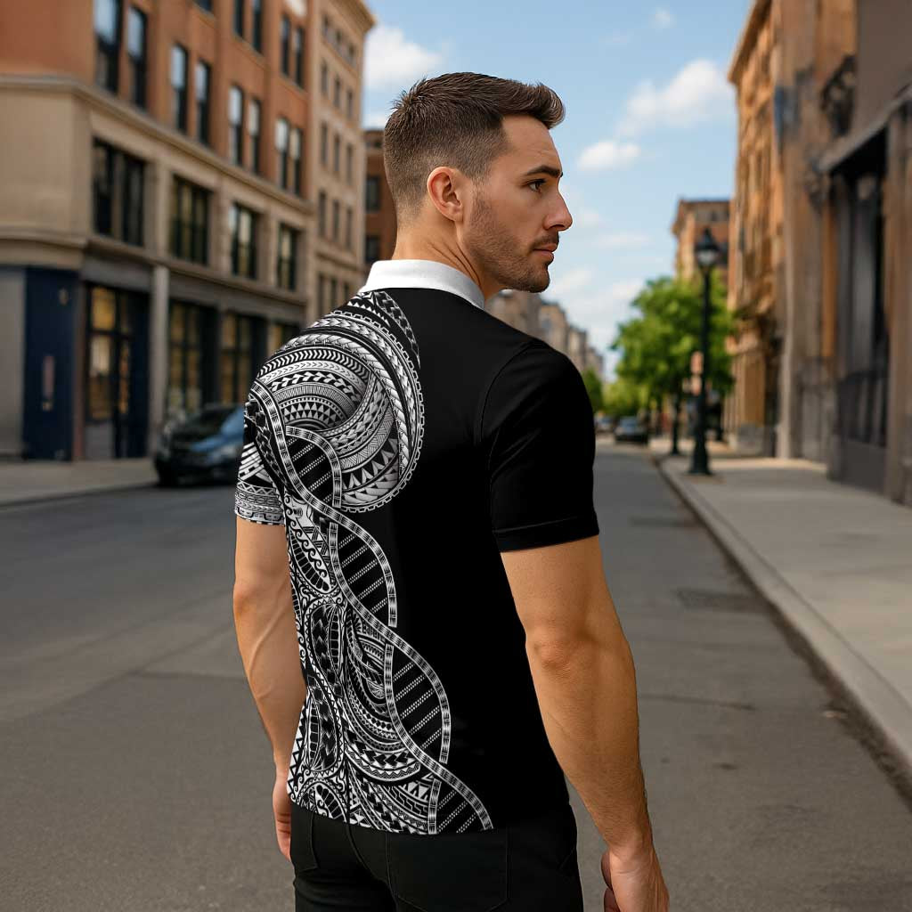 Samoan DNA Art Tattoo Zipper Polo Shirt Polynesian Pattern Black Color