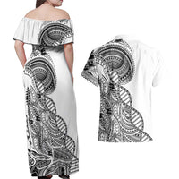 Samoan DNA Art Tattoo Couples Matching Off Shoulder Maxi Dress and Hawaiian Shirt Polynesian Pattern White Color