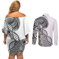 Samoan DNA Art Tattoo Couples Matching Off Shoulder Short Dress and Long Sleeve Button Shirt Polynesian Pattern White Color