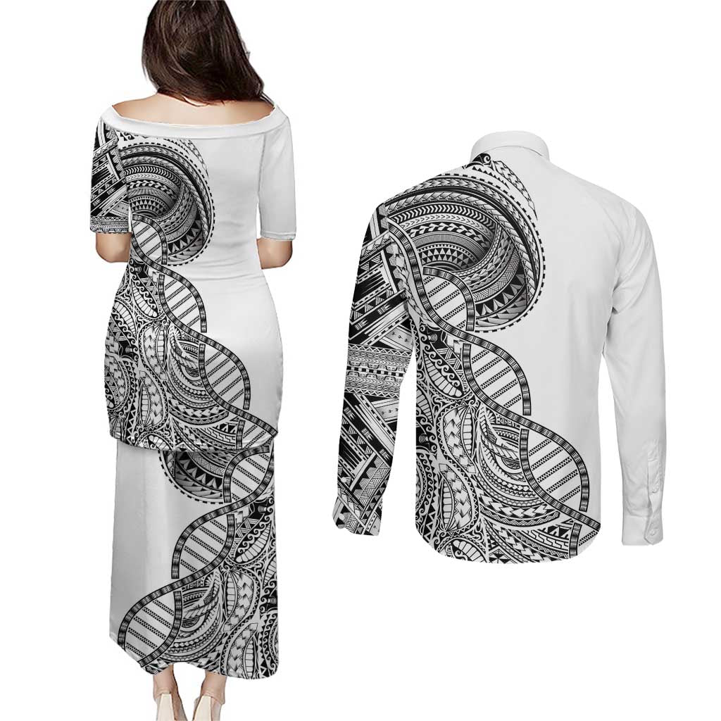 Samoan DNA Art Tattoo Couples Matching Puletasi and Long Sleeve Button Shirt Polynesian Pattern White Color