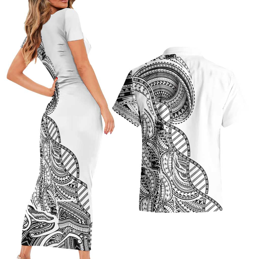 Samoan DNA Art Tattoo Couples Matching Short Sleeve Bodycon Dress and Hawaiian Shirt Polynesian Pattern White Color LT03 - Polynesian Pride