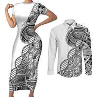 Samoan DNA Art Tattoo Couples Matching Short Sleeve Bodycon Dress and Long Sleeve Button Shirt Polynesian Pattern White Color