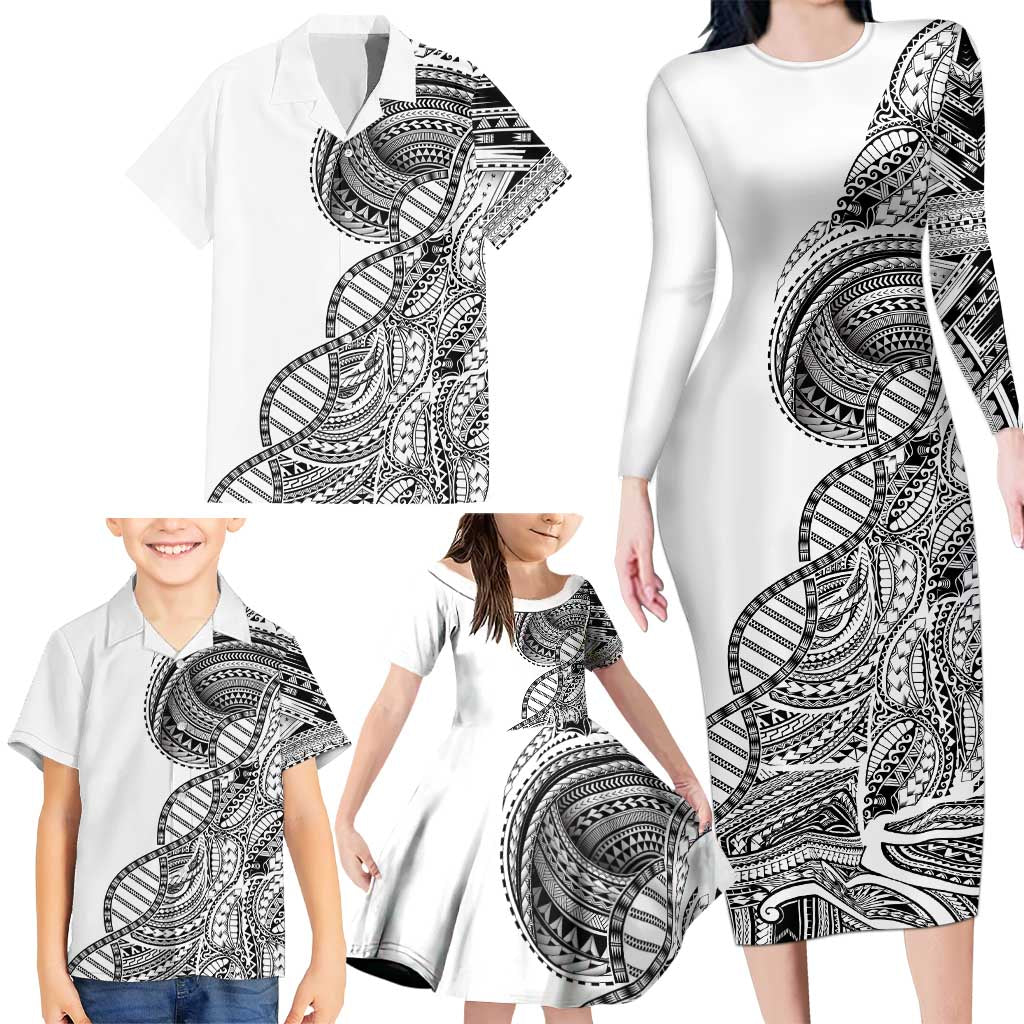 Samoan DNA Art Tattoo Family Matching Long Sleeve Bodycon Dress and Hawaiian Shirt Polynesian Pattern White Color