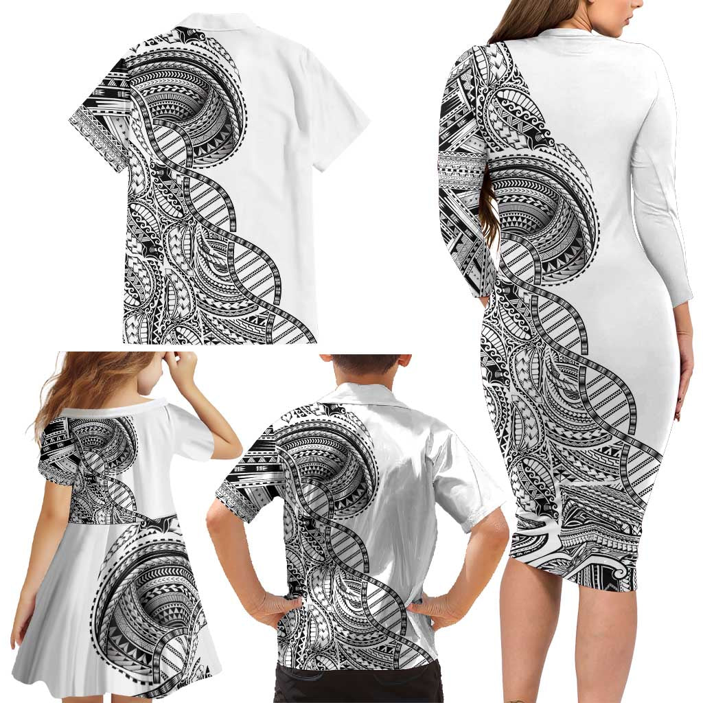 Samoan DNA Art Tattoo Family Matching Long Sleeve Bodycon Dress and Hawaiian Shirt Polynesian Pattern White Color