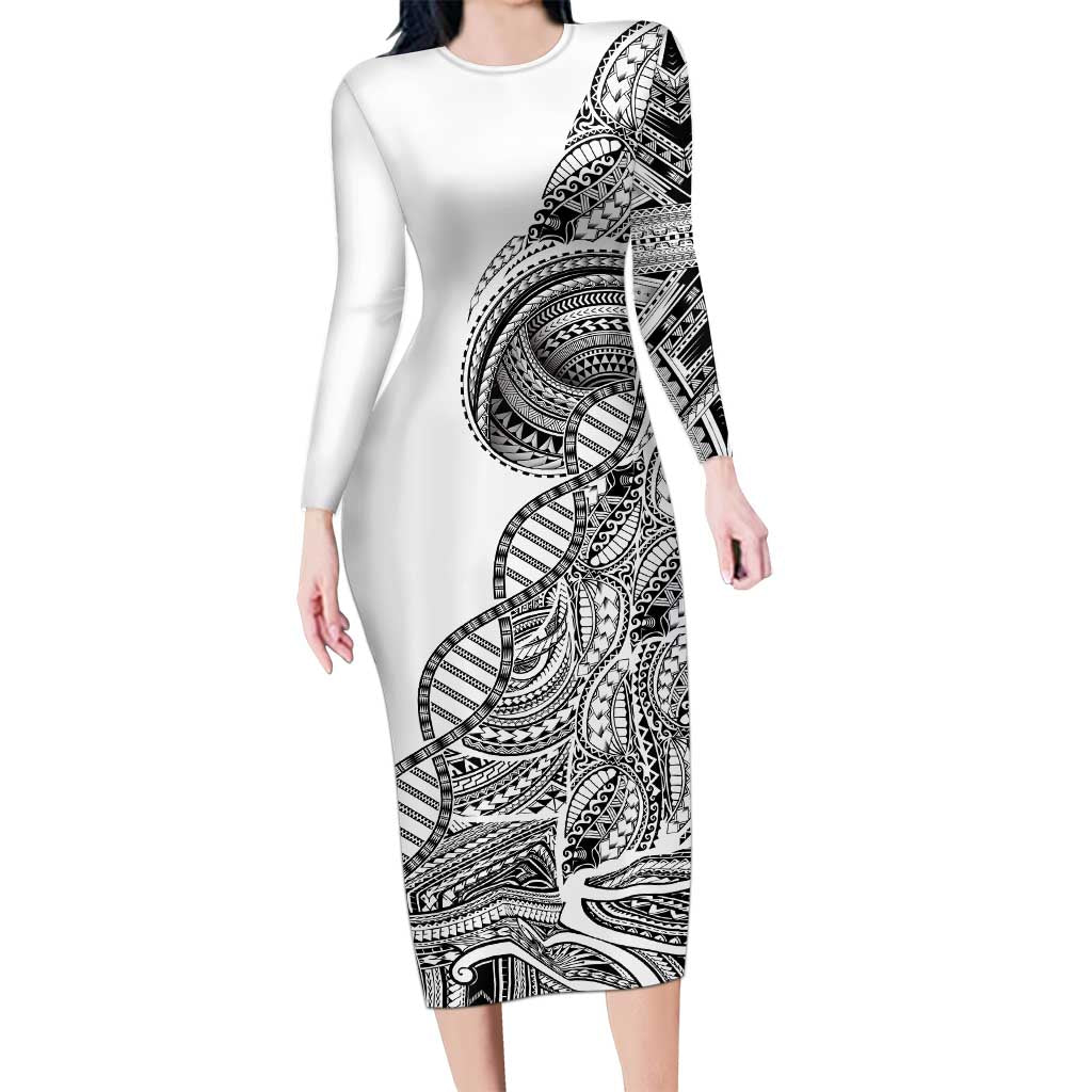 Samoan DNA Art Tattoo Family Matching Long Sleeve Bodycon Dress and Hawaiian Shirt Polynesian Pattern White Color
