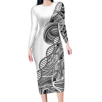 Samoan DNA Art Tattoo Family Matching Long Sleeve Bodycon Dress and Hawaiian Shirt Polynesian Pattern White Color
